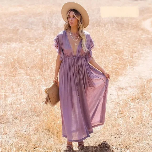 Butterfly Orchid Boho Gauze Button Front Flutter Maxi Dress W/Adjustable Tie - Picture 4 of 12